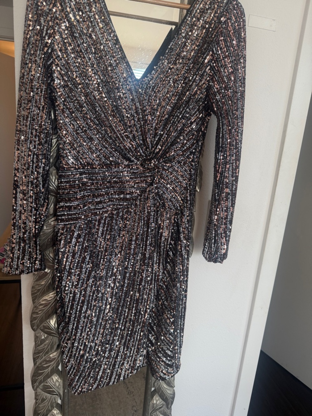 Guess Sequin Wrap Long Sleeve Dress in Black and Rose Gold
